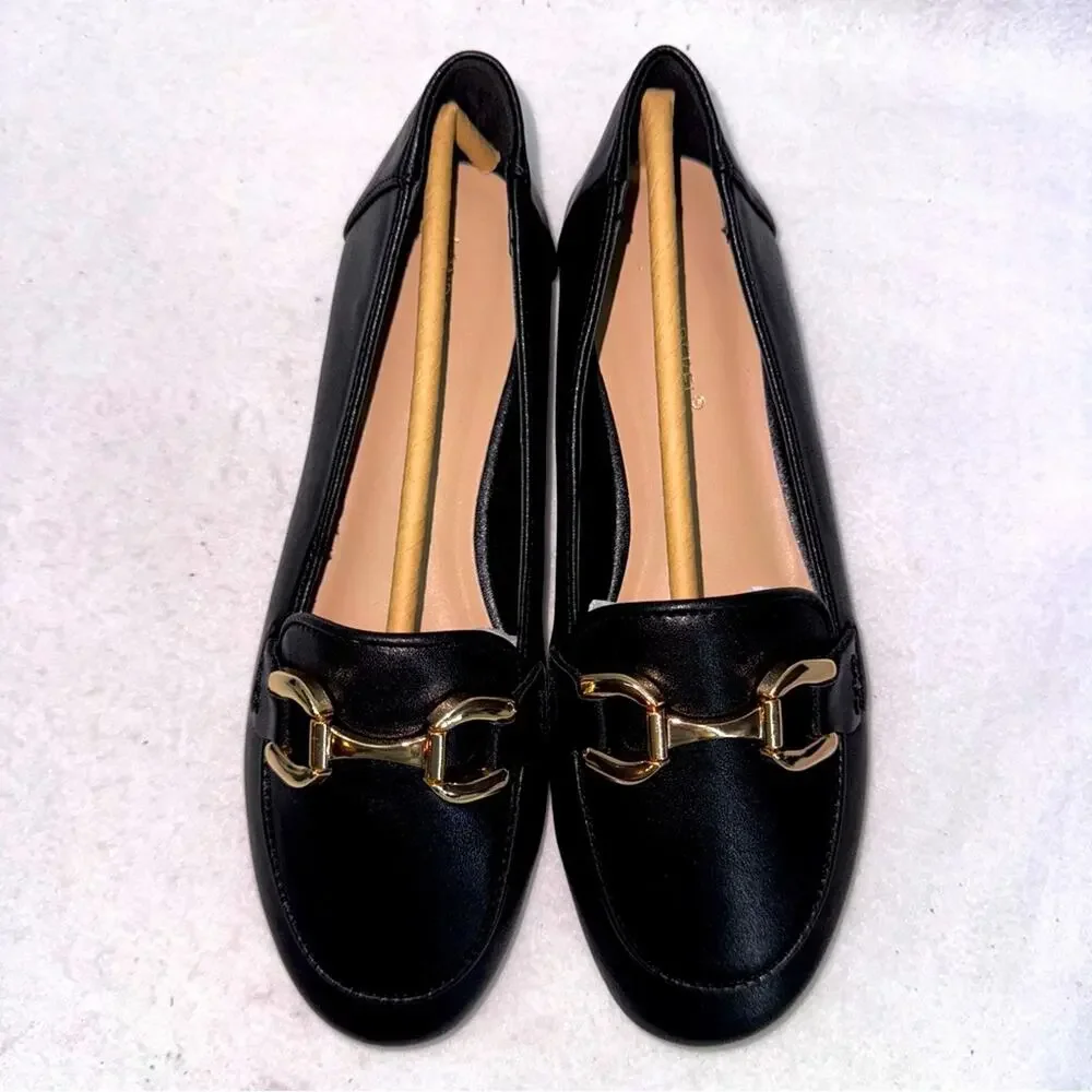 NWT Women’s Faux Leather London Rebel Snaffle Trim Flats Shoes Black size 6